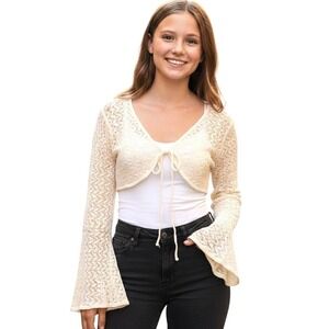 NWT Aray Tie Front Cardigan Womens XL Cream Knit Bell Sleeve Open Cropped Top